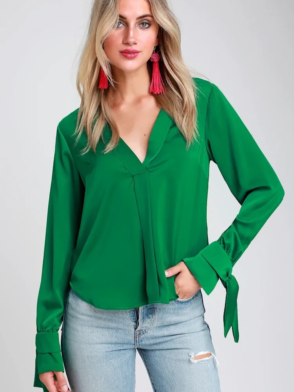 Lulus Biz Babe Green Satin Tie Sleeve Blouse Long Sleeve Top
